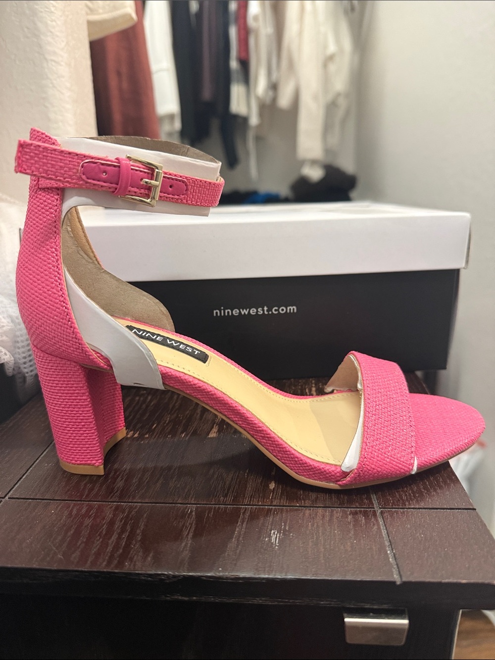 Nine West Hot Pink Textured Ankle-Strap Block Heel Sandals